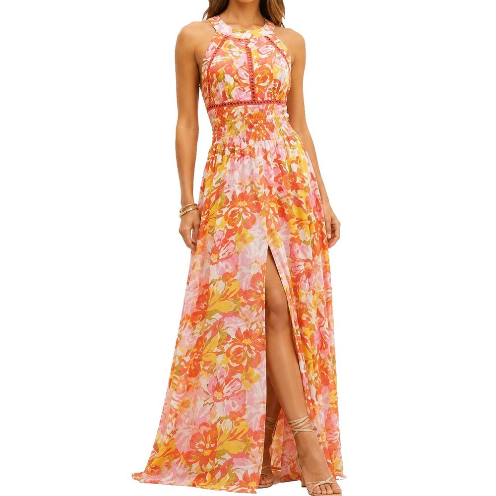 Abel The Label Size S Anthropologie Floral Halter Maxi Dress Boho Open Back